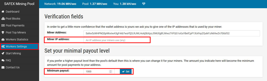 Safex Minin Pool Settings