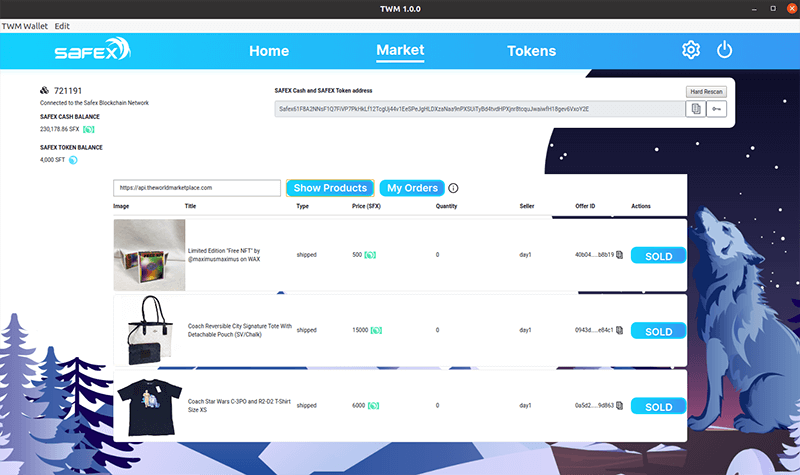 Safex.Market product listings on the Safex TWM Wallet
