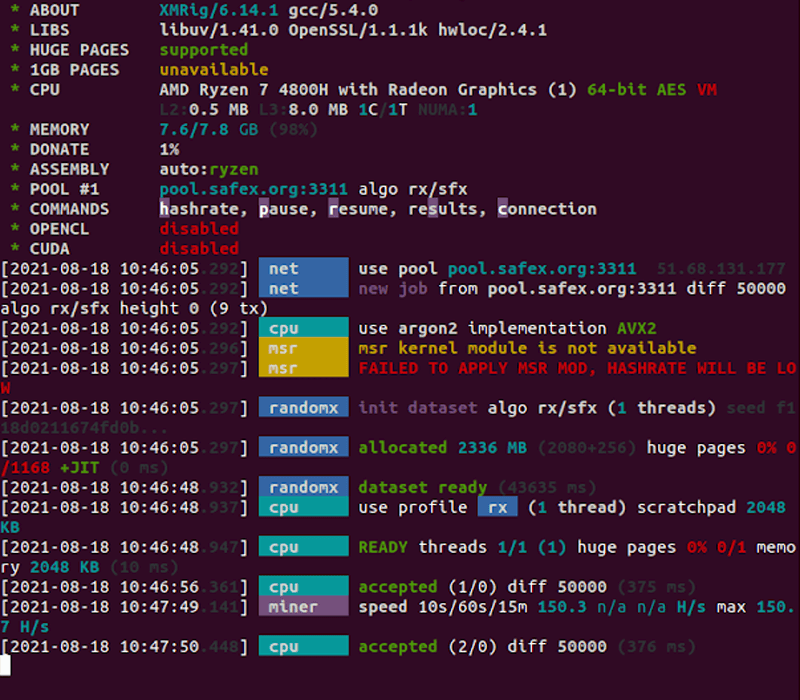 Xmrig Mining Application on a Ubuntu