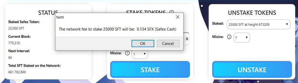 Fee for Staking Safex Tokens