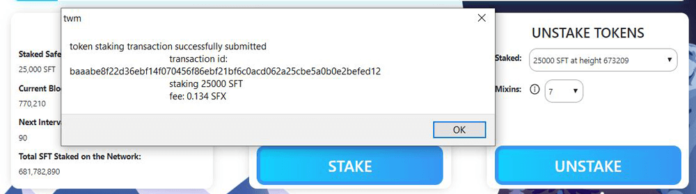 Safex Token Staking Transaction Confirmation 