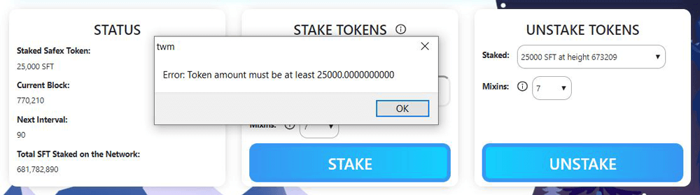 Stake Safex Tokens Error 