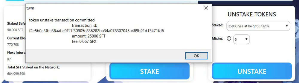 Unstake Safex Tokens Confirm 