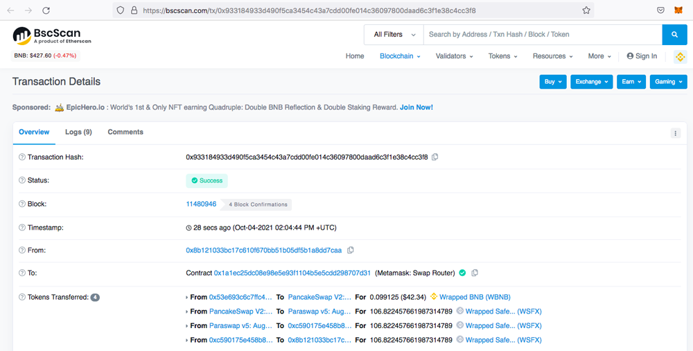 PancakeSwap Get Wrapped Safex Cash WSFX BSCscan