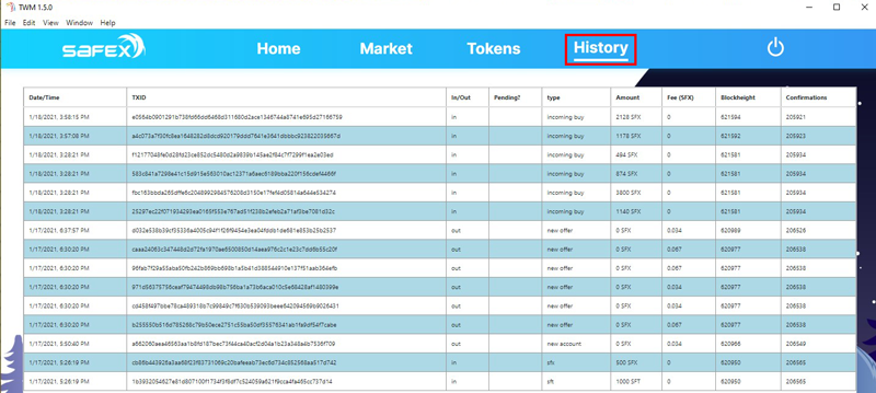 Transaction History Safex TWM Wallet