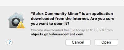 Safex Miner Internet Application Popup